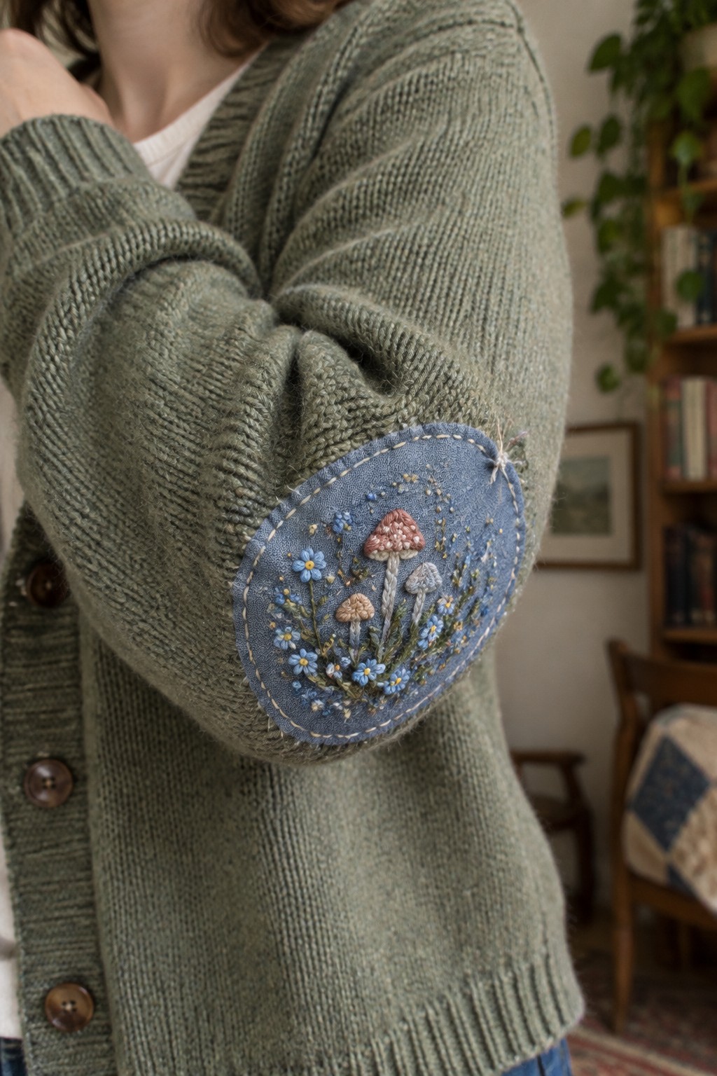 A green cardigan with a round blue mushroom-and-flower embroidered patch on the elbow.