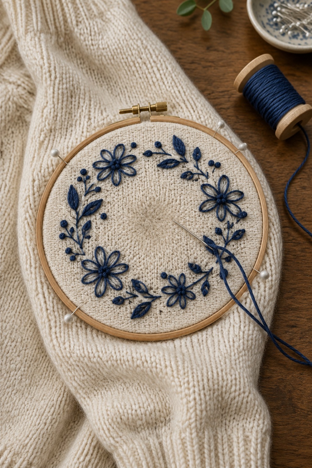 A wooden embroidery hoop holds cream knit fabric with a navy floral wreath design, pins, and a needle.