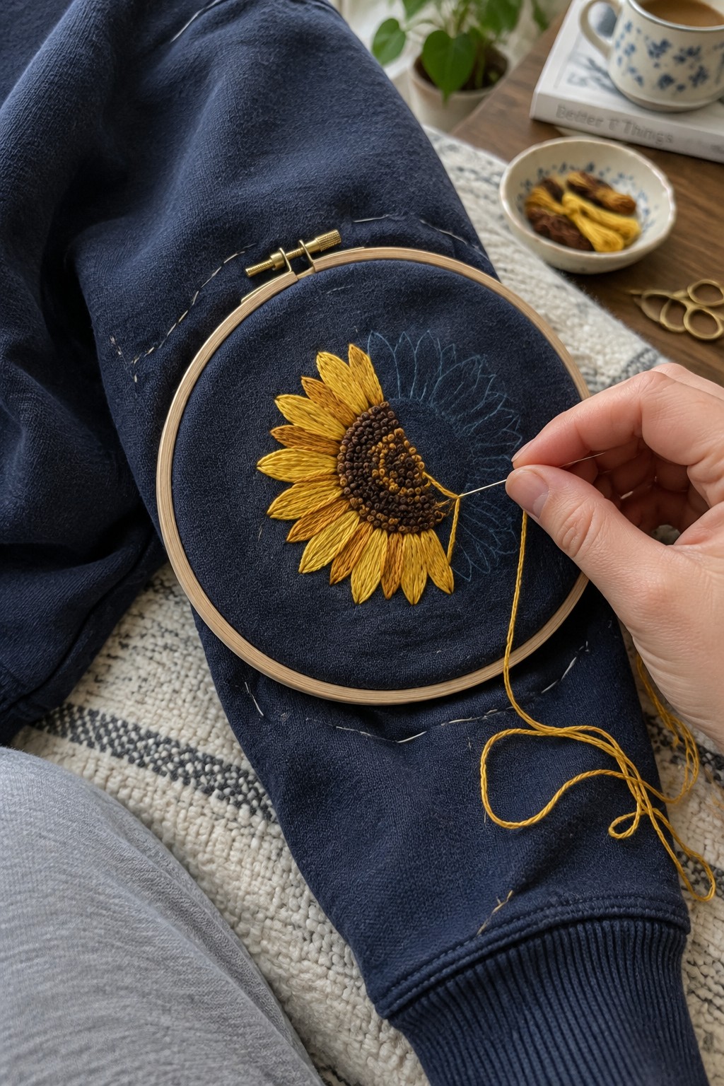 A yellow sunflower is being embroidered on the elbow of a navy sweater in a wooden hoop.