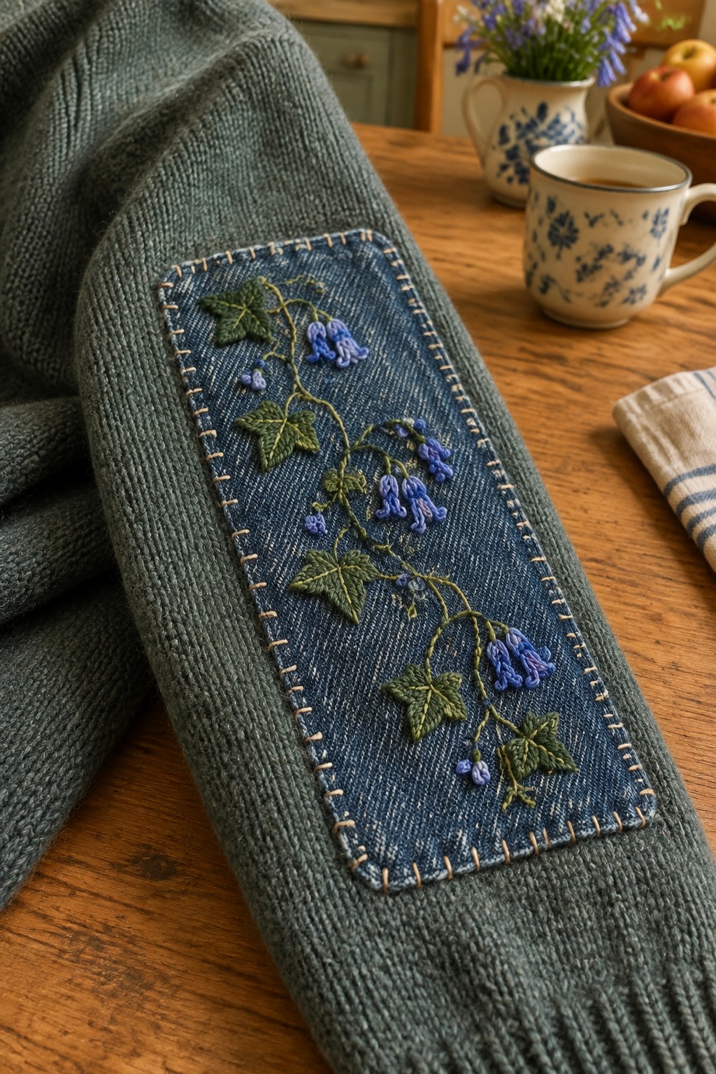 A green knit sweater has a rectangular denim elbow patch embroidered with blue flowers and green leaves.