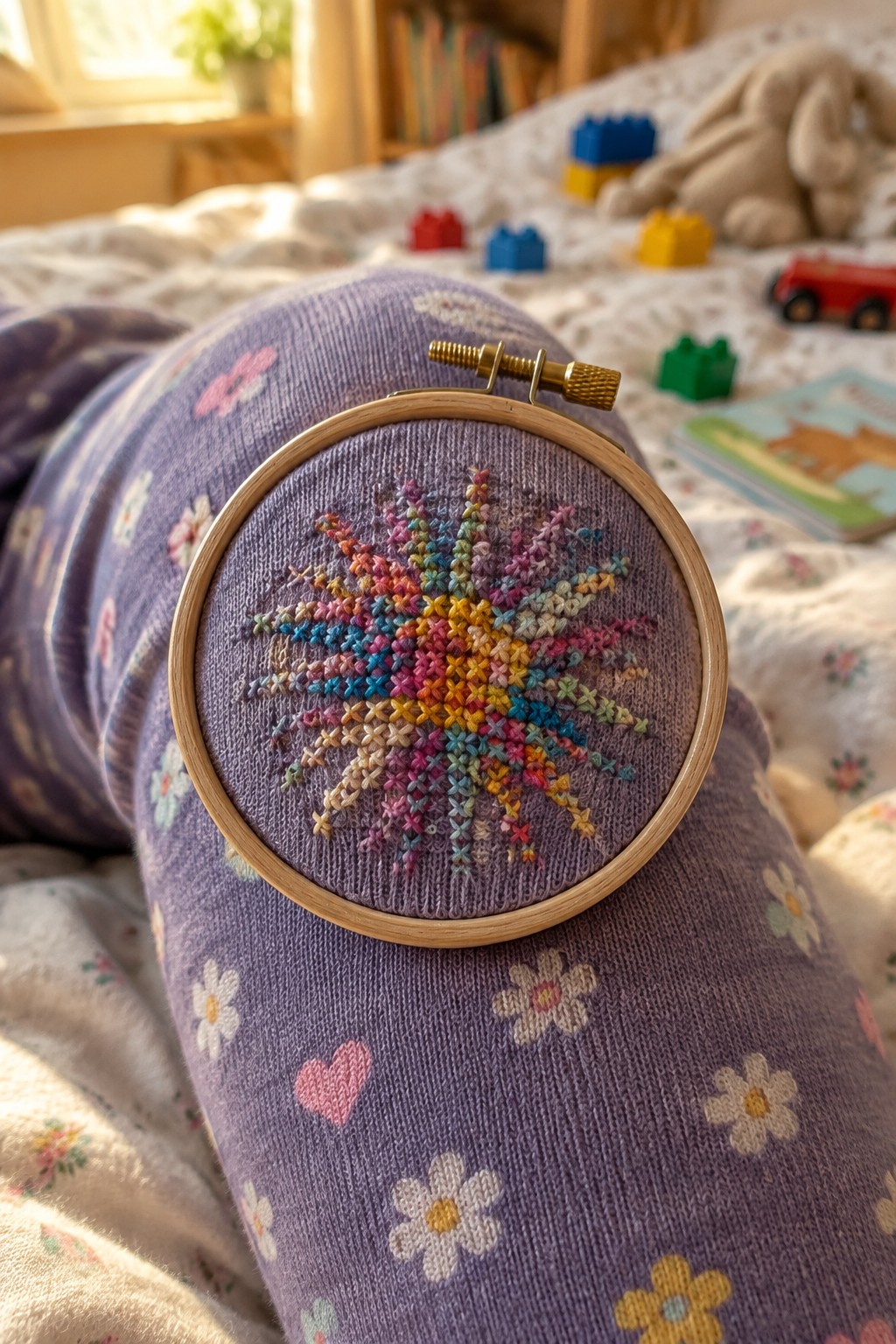 A multicolored embroidered starburst covers the elbow of a purple floral sweater held in a wooden hoop.