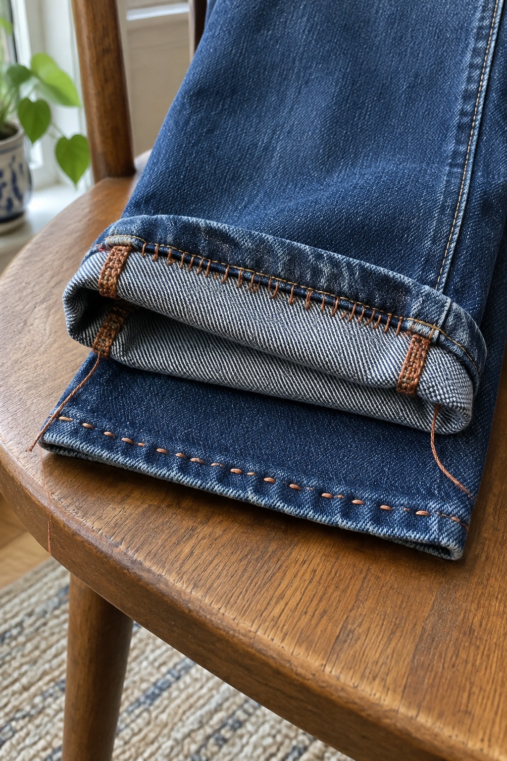 Blue jeans with turned-up cuffs and brown contrast stitching along the fold and lower hem, resting on a wooden chair.