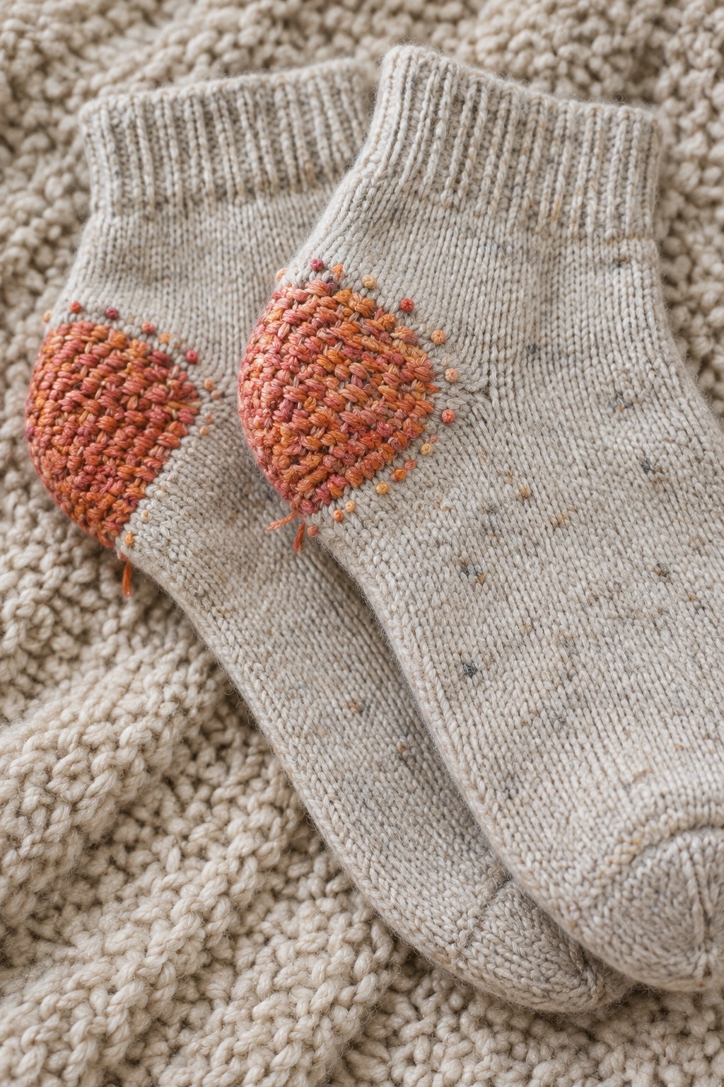 Two beige knit socks have rounded orange and pink stitched patches over their heels.
