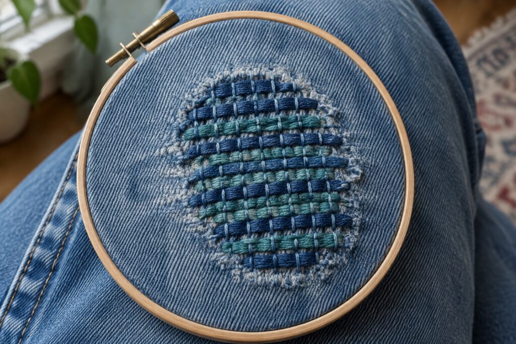 A hoop holds blue denim with a small blue-and-teal woven-grid embroidery repair over a worn area.
