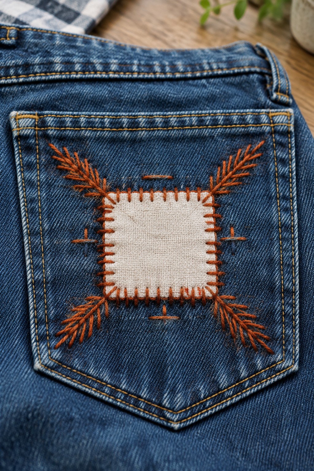 A square cream fabric patch is sewn onto a blue jeans pocket with orange stitches radiating around it.