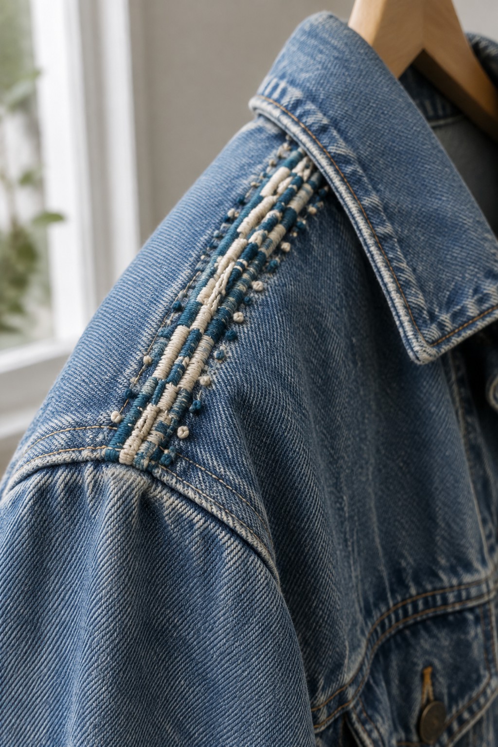 Blue denim jacket on a hanger with cream and blue embroidery running along the shoulder seam.