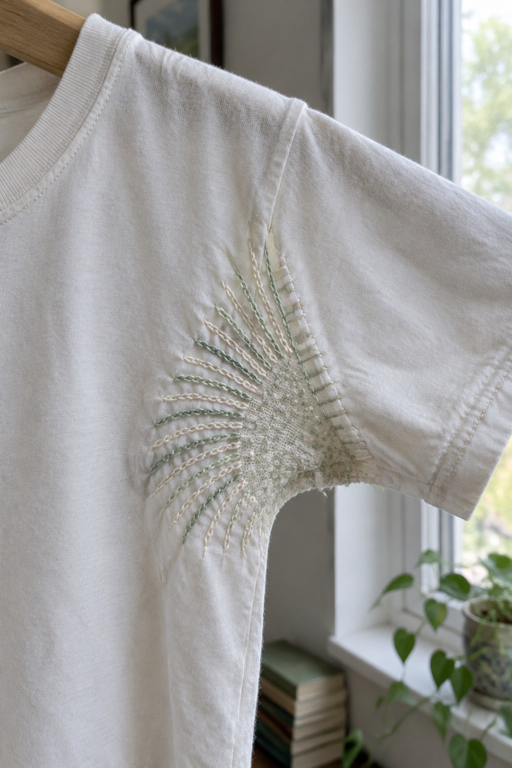 White T-shirt with cream and green radiating embroidery across the underarm seam.