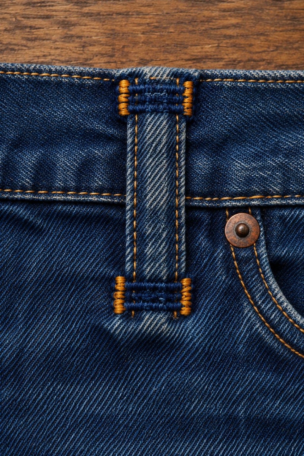 Close-up of a denim waistband with a belt loop secured by dark blue and golden bar-tack stitching.