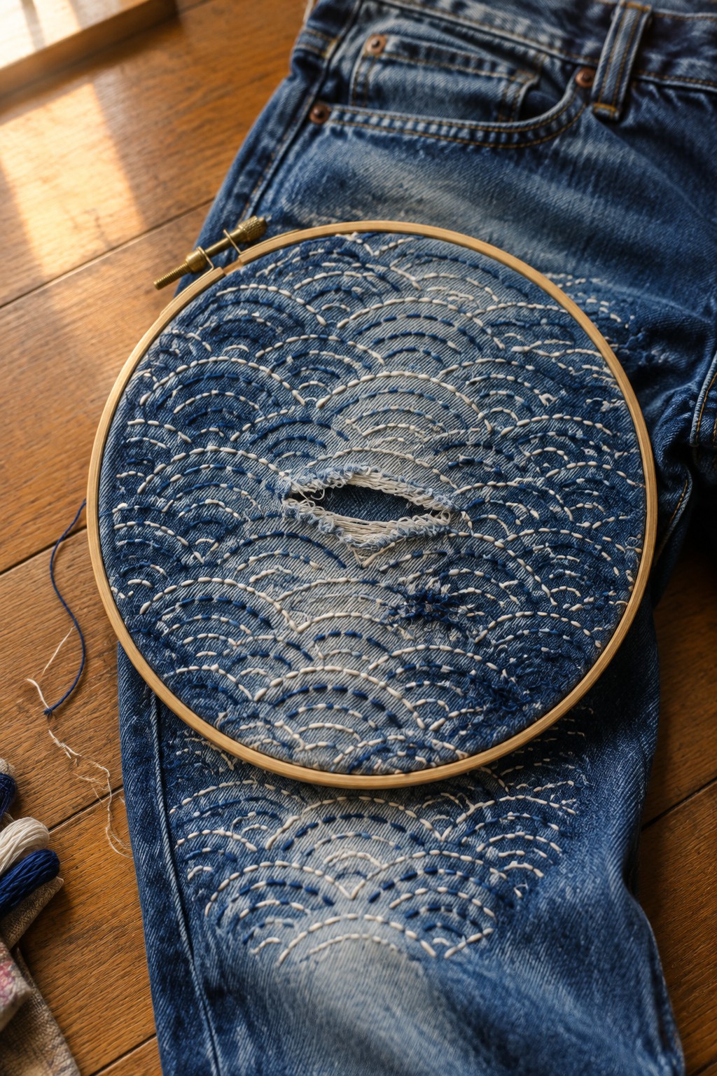Blue jeans with a torn knee covered in curved pale embroidery inside a wooden hoop.