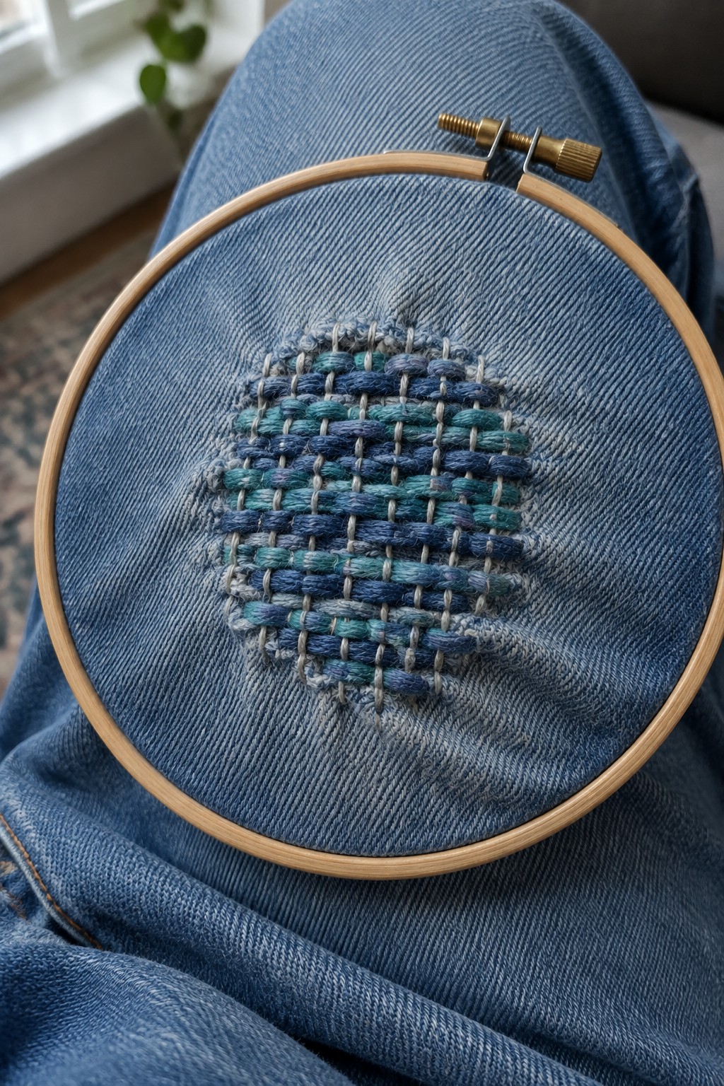 A hoop holds blue denim with a small blue-and-teal woven-grid embroidery repair over a worn area.