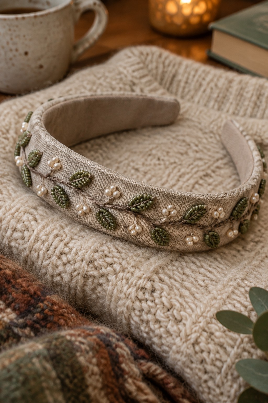A beige fabric headband embroidered with green beaded leaves and small pearl clusters rests on a cream knitted blanket.