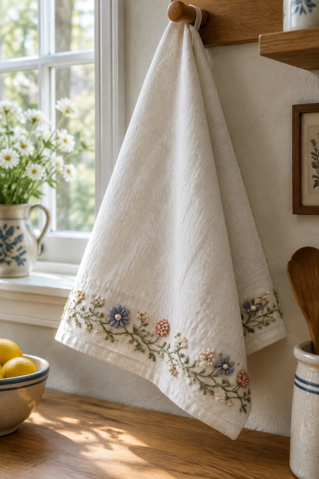 An ivory tea towel with a stitched floral vine and pearl-like bead accents hangs beside a bright kitchen window.