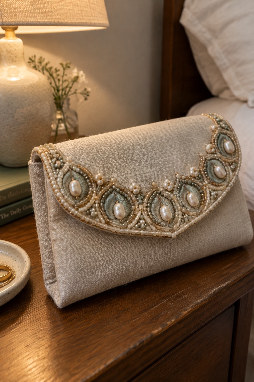 A beige fabric clutch with a curved border of pearl beads and blue-green embroidery rests on a wooden bedside table.