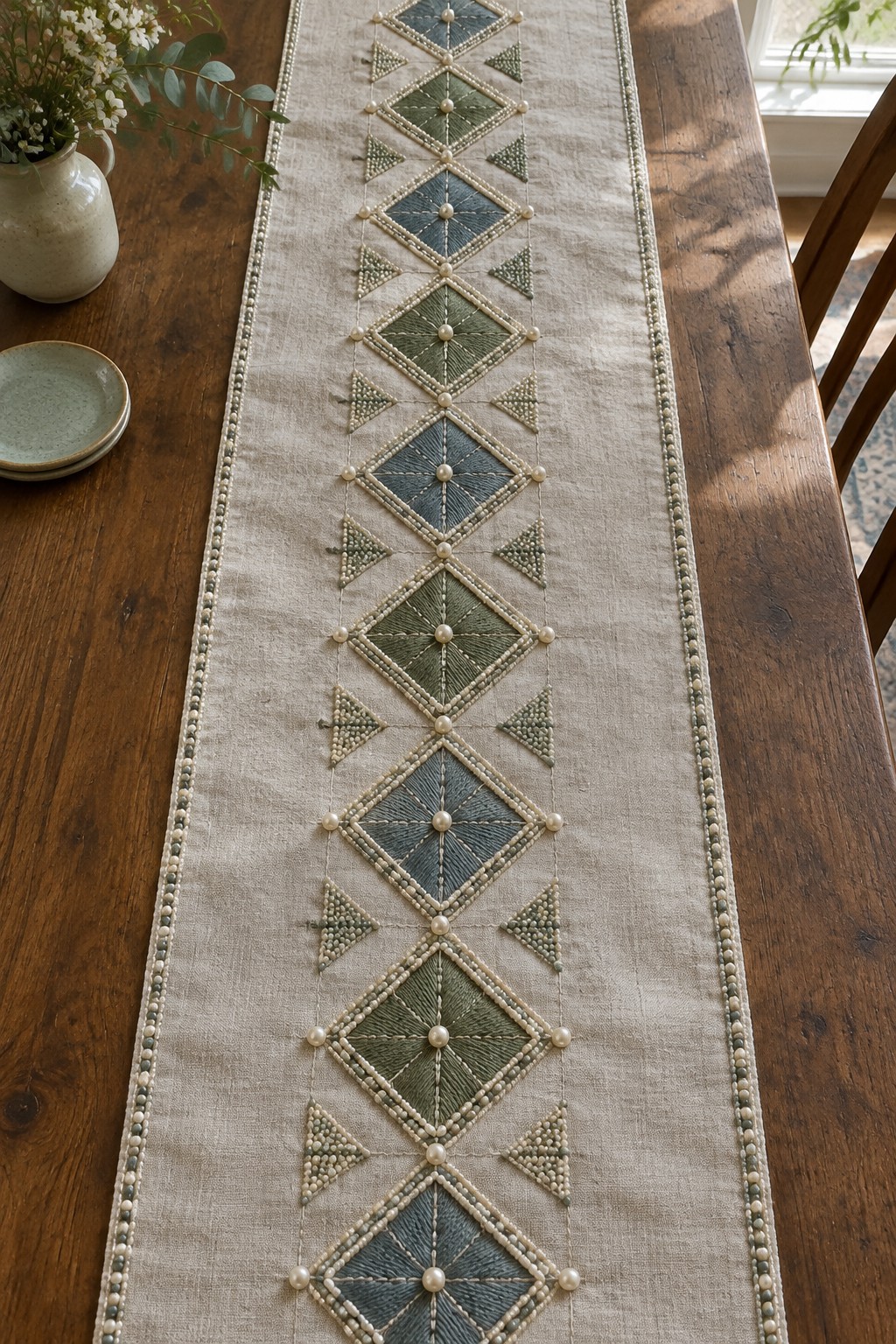 A cream linen table runner with repeating blue and green diamond embroidery, small side triangles, and pearl-like beads on a wooden table.