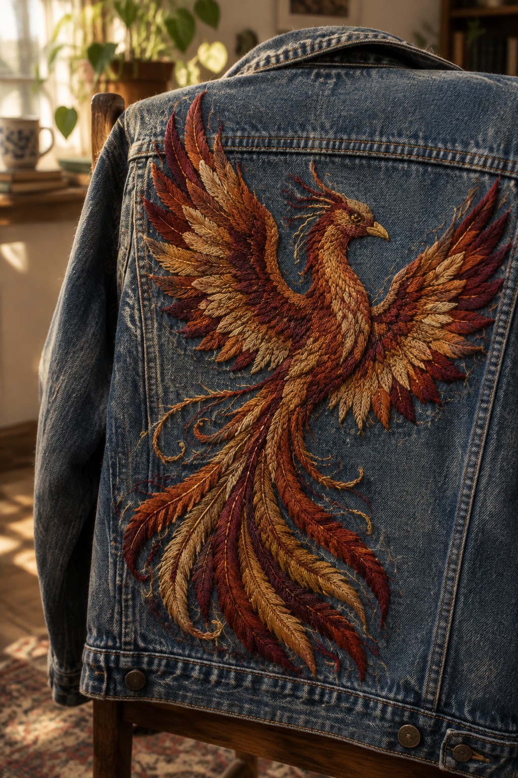 A denim jacket draped over a chair has a large embroidered phoenix in rust, gold, and burgundy thread across its back.