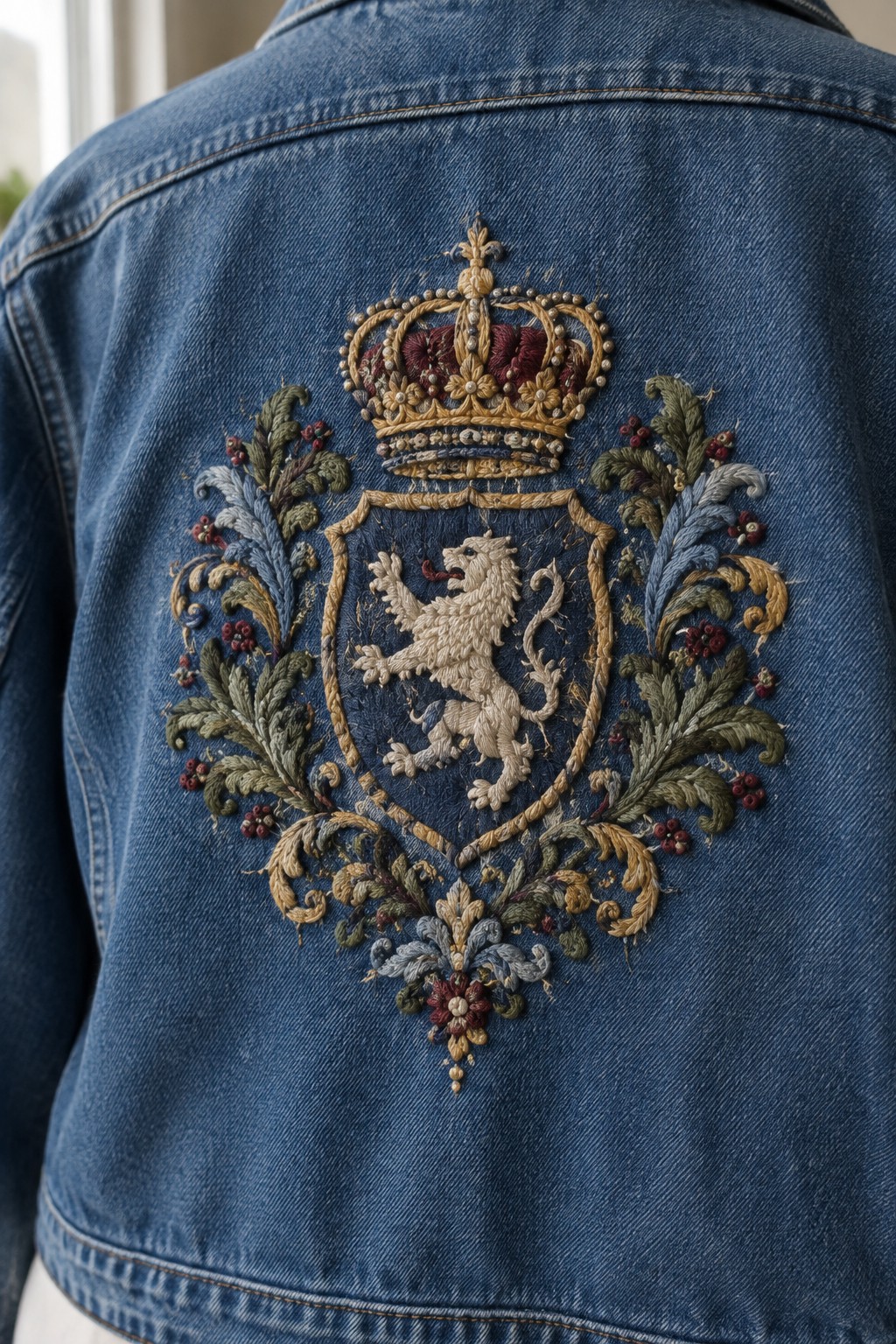 A crowned embroidered crest with a lion and floral branches decorates the back of a blue denim jacket.