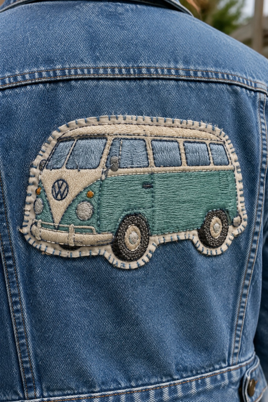 A stitched cream and teal vintage van patch on the back of a blue denim jacket.