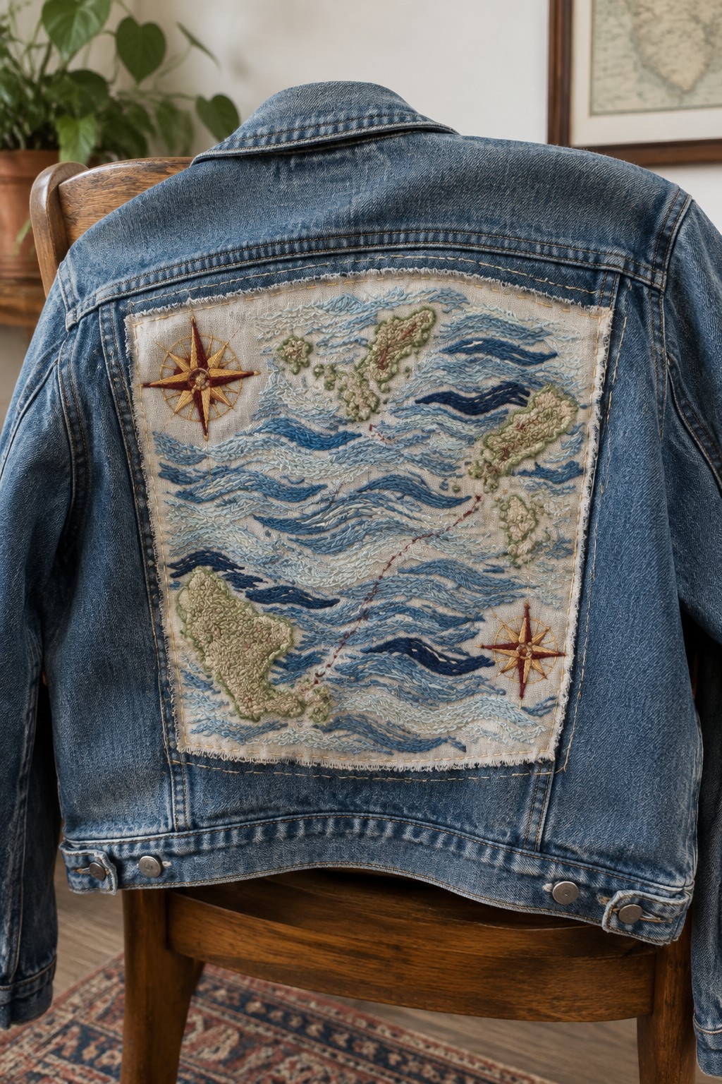A denim jacket draped over a wooden chair with a rectangular embroidered map of waves, islands, and two compass designs on its back.