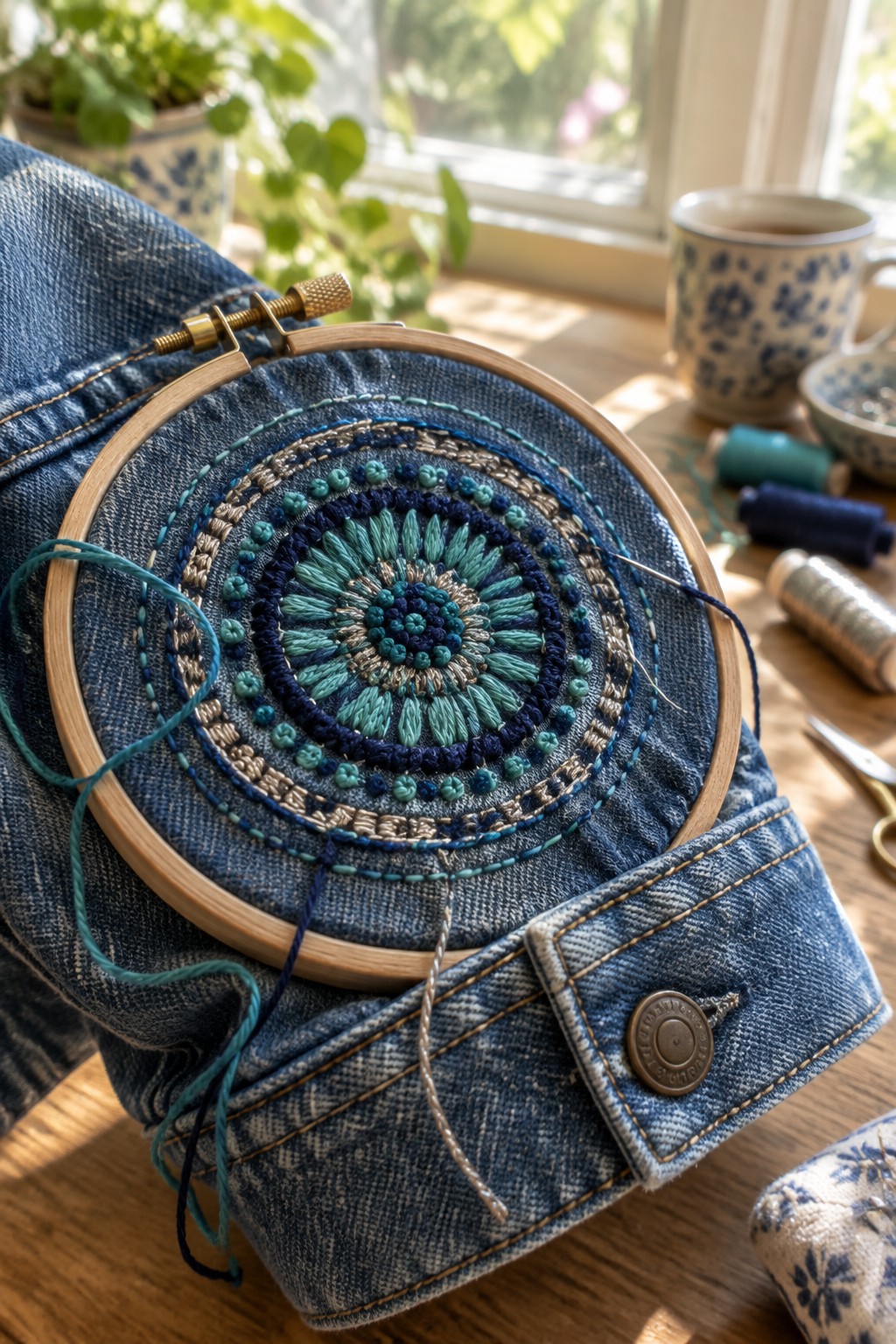 A teal and navy circular embroidery design is being stitched onto denim held in a wooden hoop.