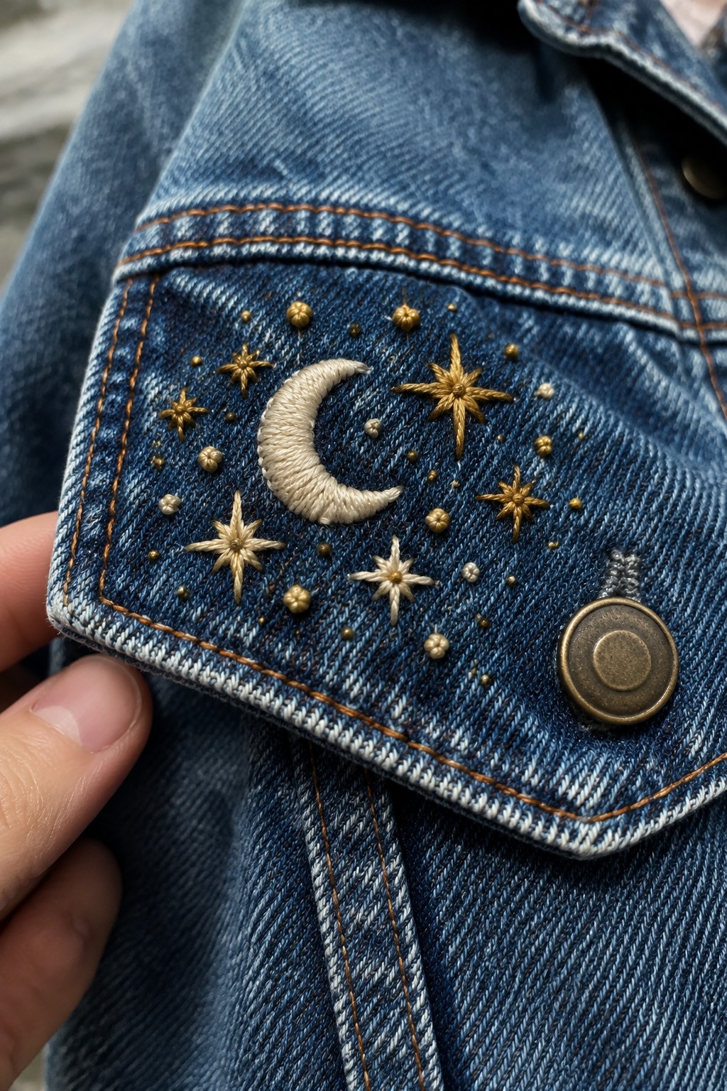 Cream and gold crescent moon and star embroidery decorates the flap of a blue denim jacket pocket.