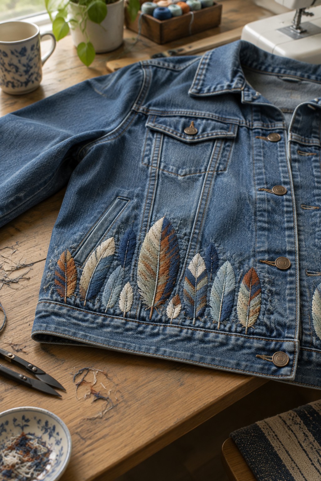 A blue denim jacket with rows of embroidered feathers across the lower back lies on a wooden sewing table.