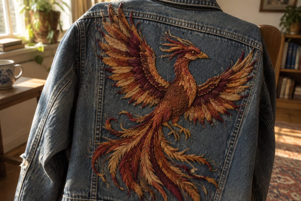 17 Detailed Machine Embroidery Designs for Denim Jackets A denim jacket draped over a chair has a large embroidered phoenix in rust, gold, and burgundy thread across its back.