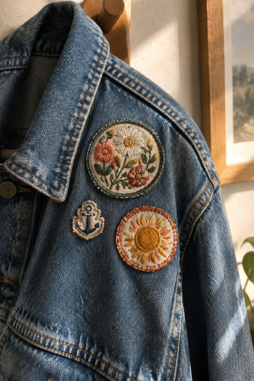 A blue denim jacket with embroidered flower, sun, and anchor patches on the front.