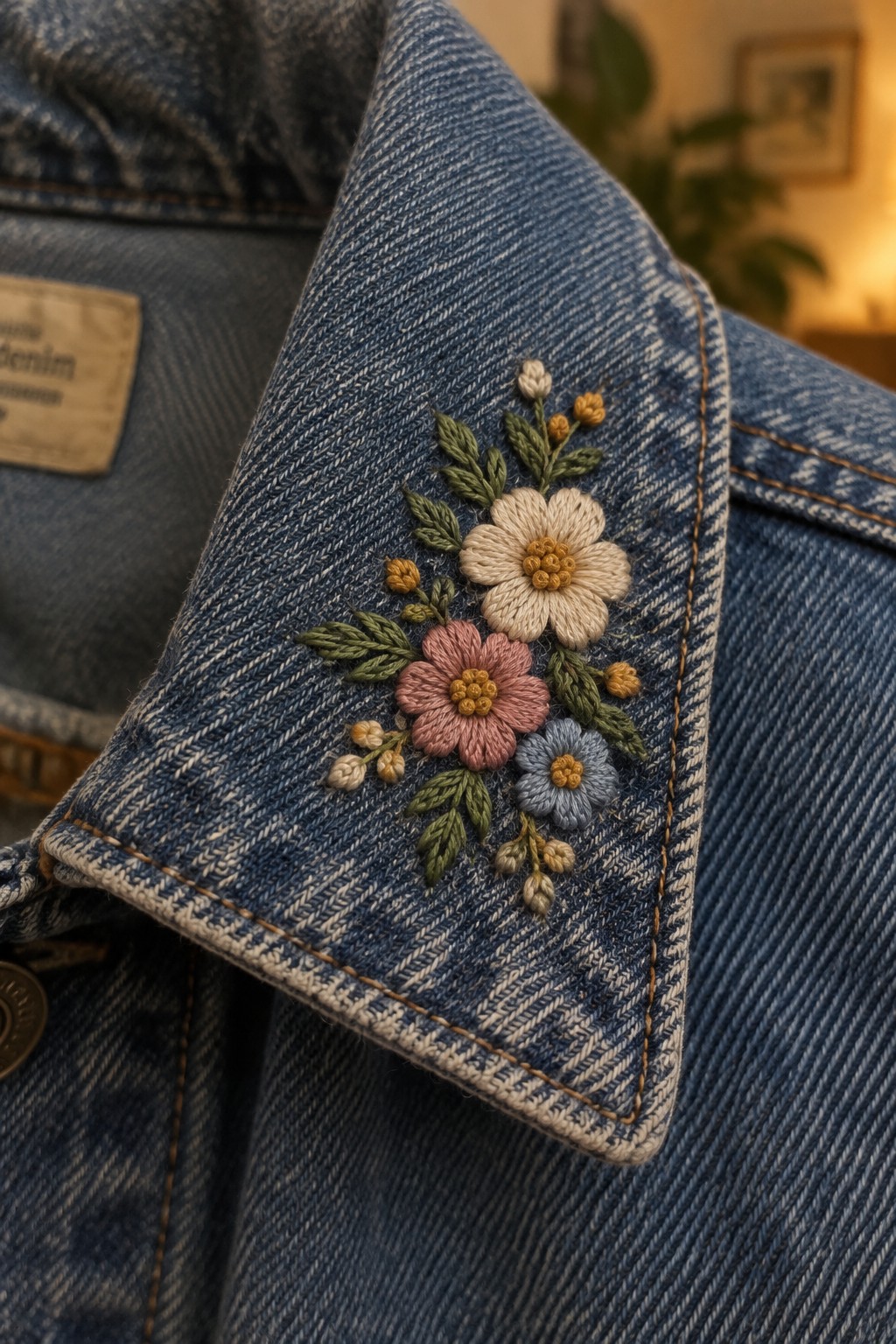 A denim jacket collar embroidered with cream, pink, and blue flowers, green leaves, and small buds.