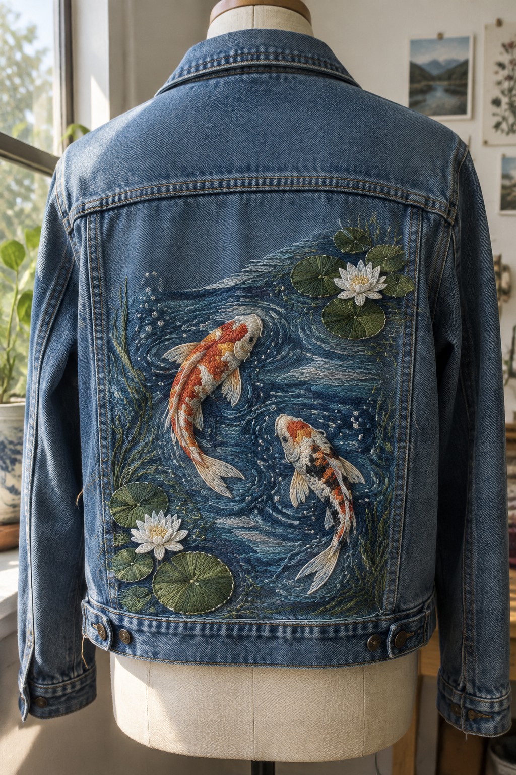 The back of a denim jacket embroidered with two koi fish, swirling blue water, lily pads, and white water lilies.