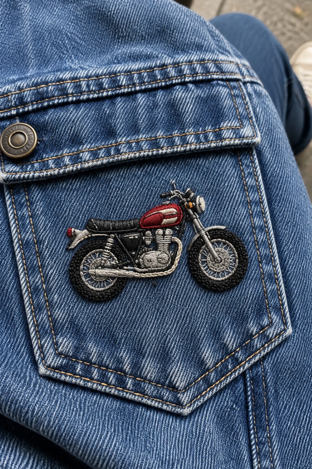 A red, black, and gray embroidered motorcycle decorates the pocket of a blue denim jacket.
