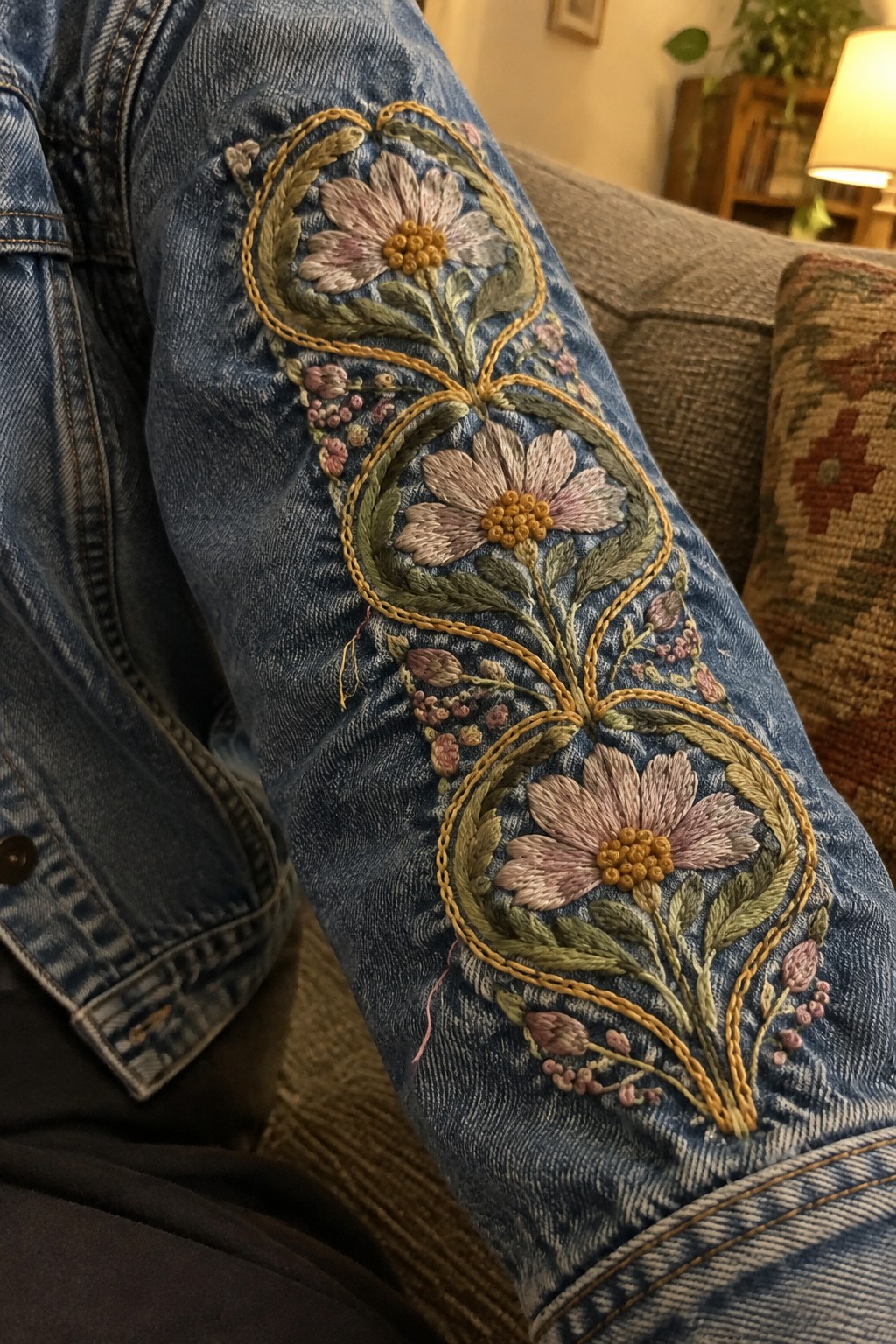 Pink daisy and bud embroidery runs along the sleeve of a blue denim jacket.