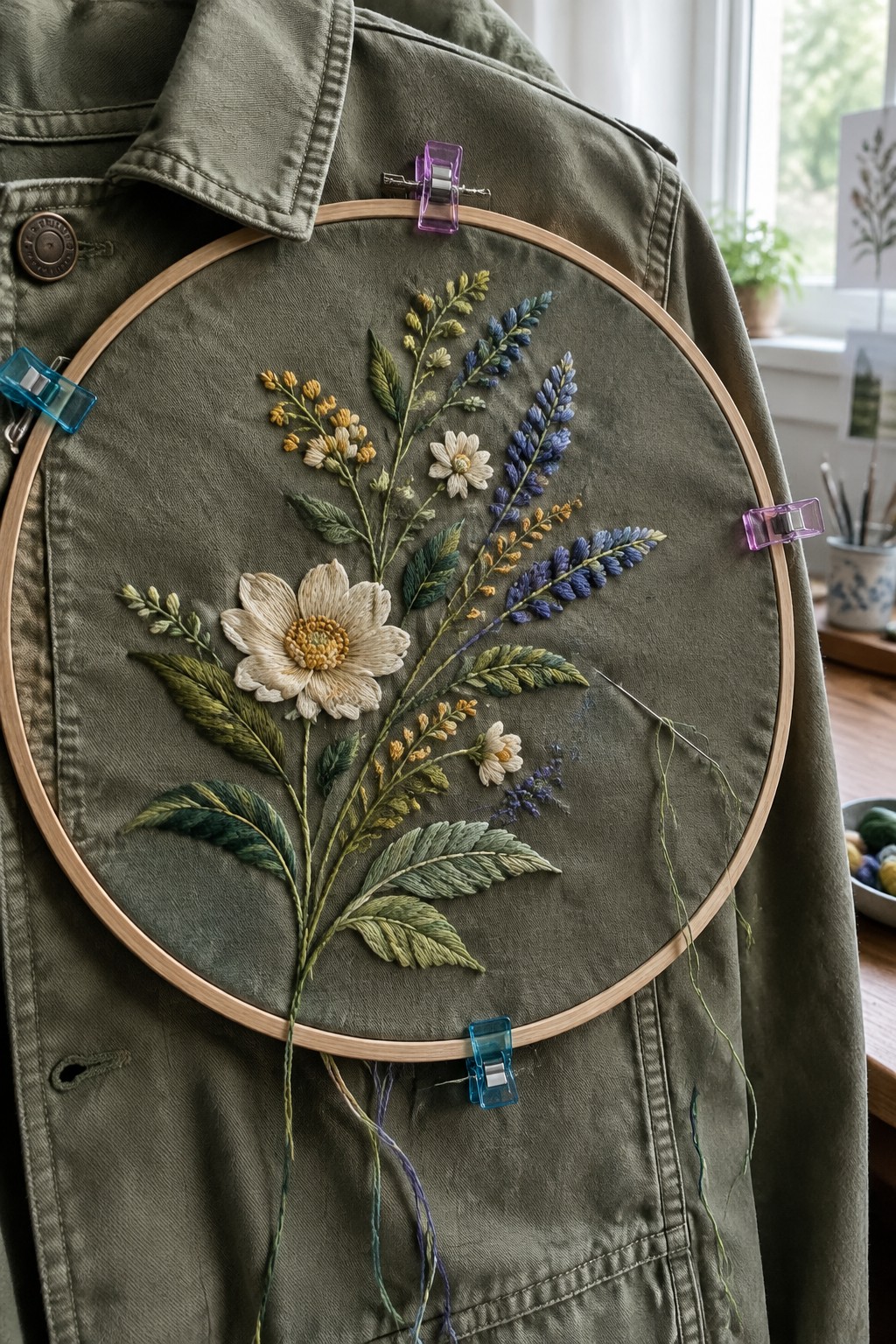 An embroidered bouquet of flowers in a wooden hoop clipped to an olive jacket.