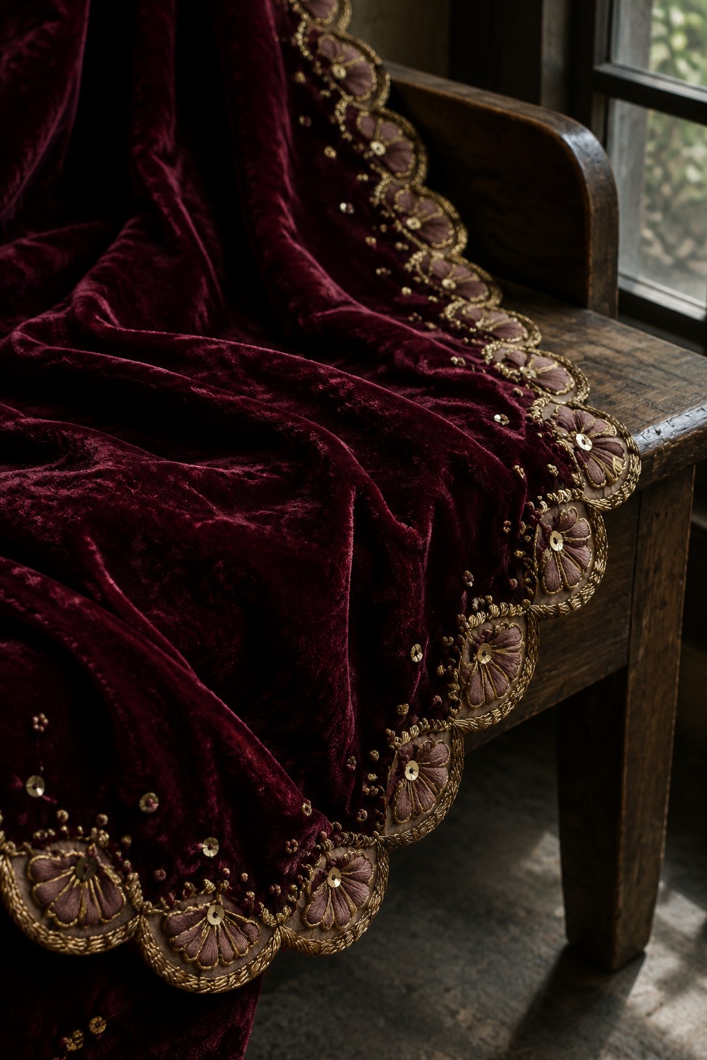 Burgundy velvet fabric with a gold-outlined scalloped floral border draped over a wooden chair.