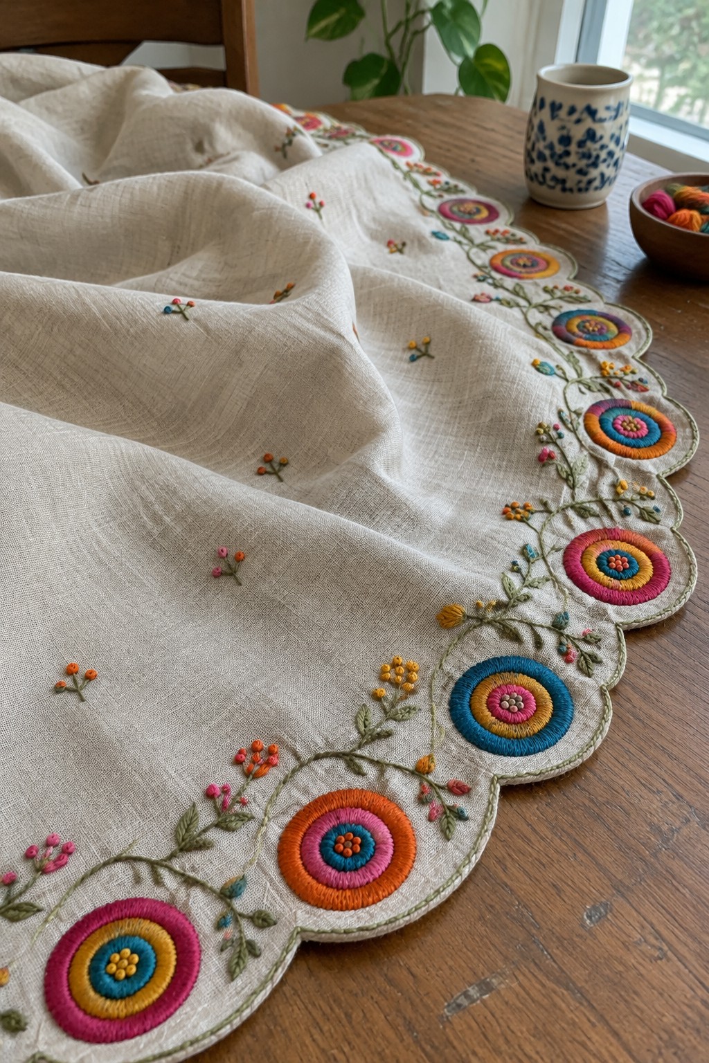 An ivory dupatta with colorful embroidered flower medallions and small sprigs along a scalloped edge lies on a wooden table.