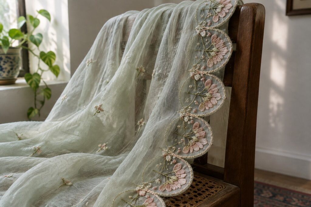 17 Dupatta Border Embroidery Designs Featuring Scalloped Edges Sheer pale green fabric with small floral embroidery and a pink scalloped border draped over a wooden chair.
