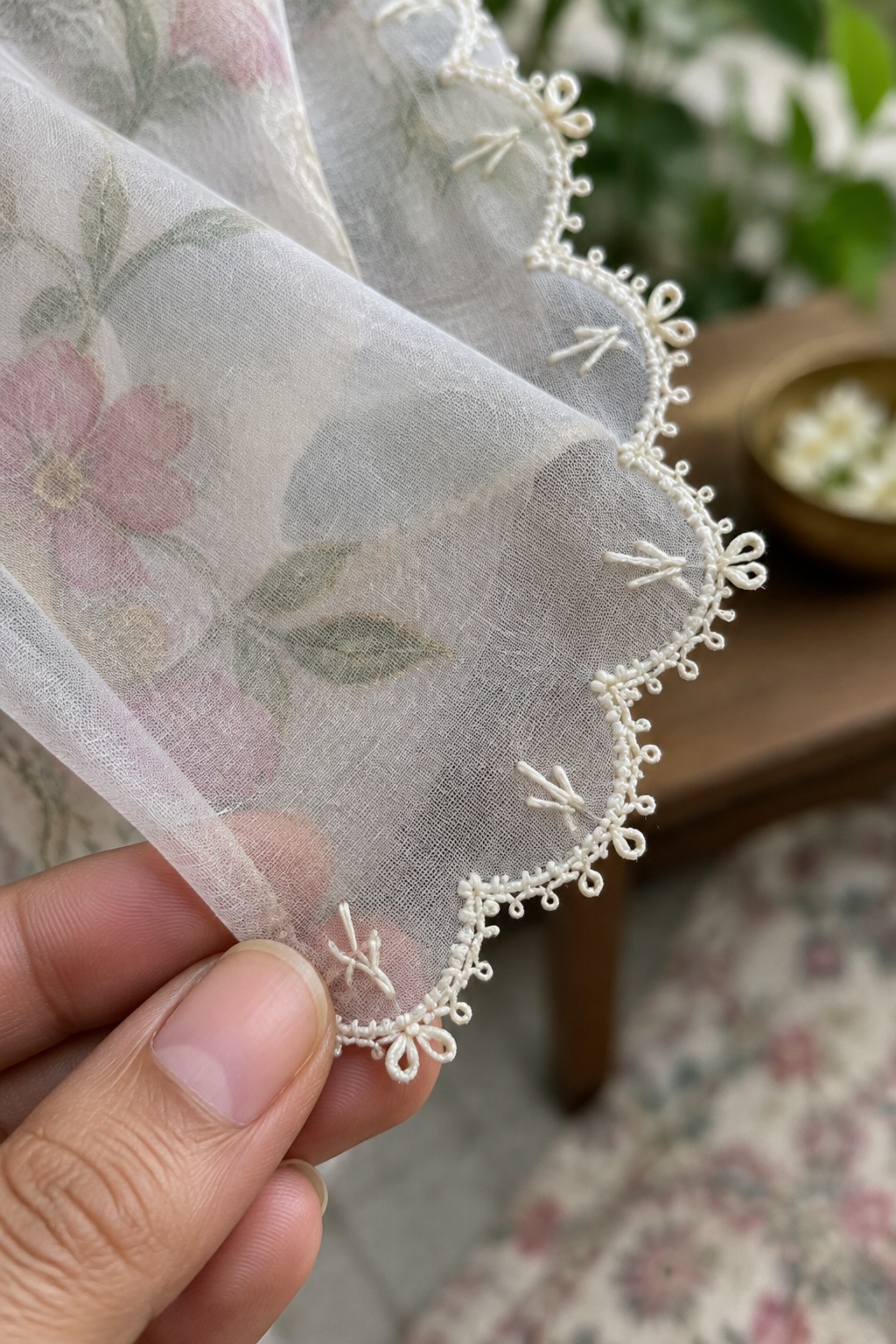 A hand holds sheer pink floral fabric with a cream embroidered scalloped edge and small embroidered motifs.