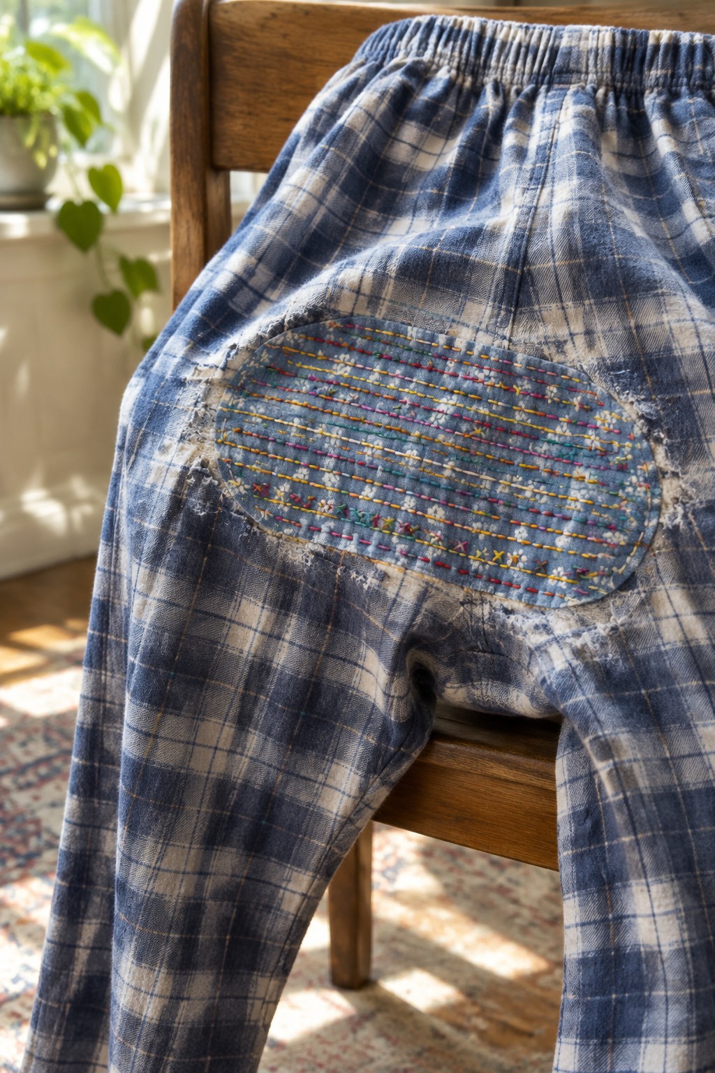 Blue plaid trousers draped over a wooden chair, with an oval blue patch covered in colorful horizontal stitches on one knee.