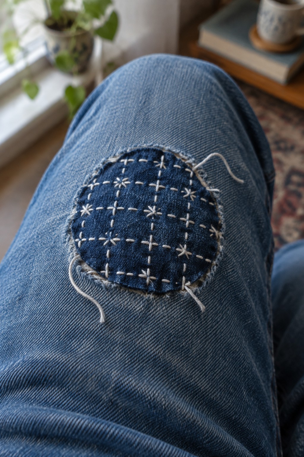 A dark denim patch with white decorative stitching covers a worn area on the knee of blue jeans.