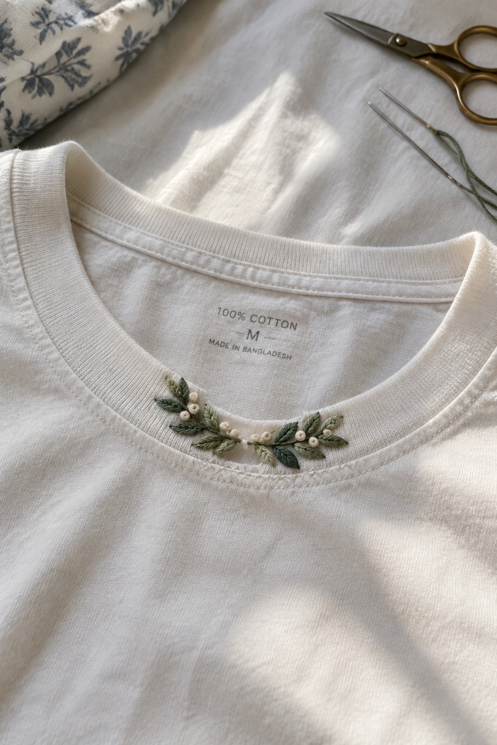 White T-shirt with green leaf and cream bud embroidery along the neckline.