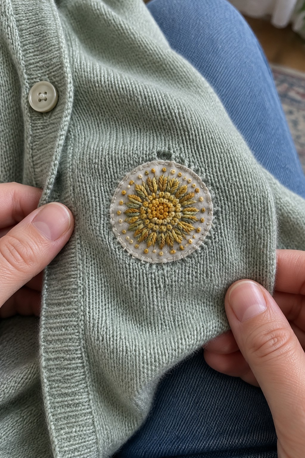 A round cream patch embroidered with a yellow sunburst is attached to a sage-green cardigan.