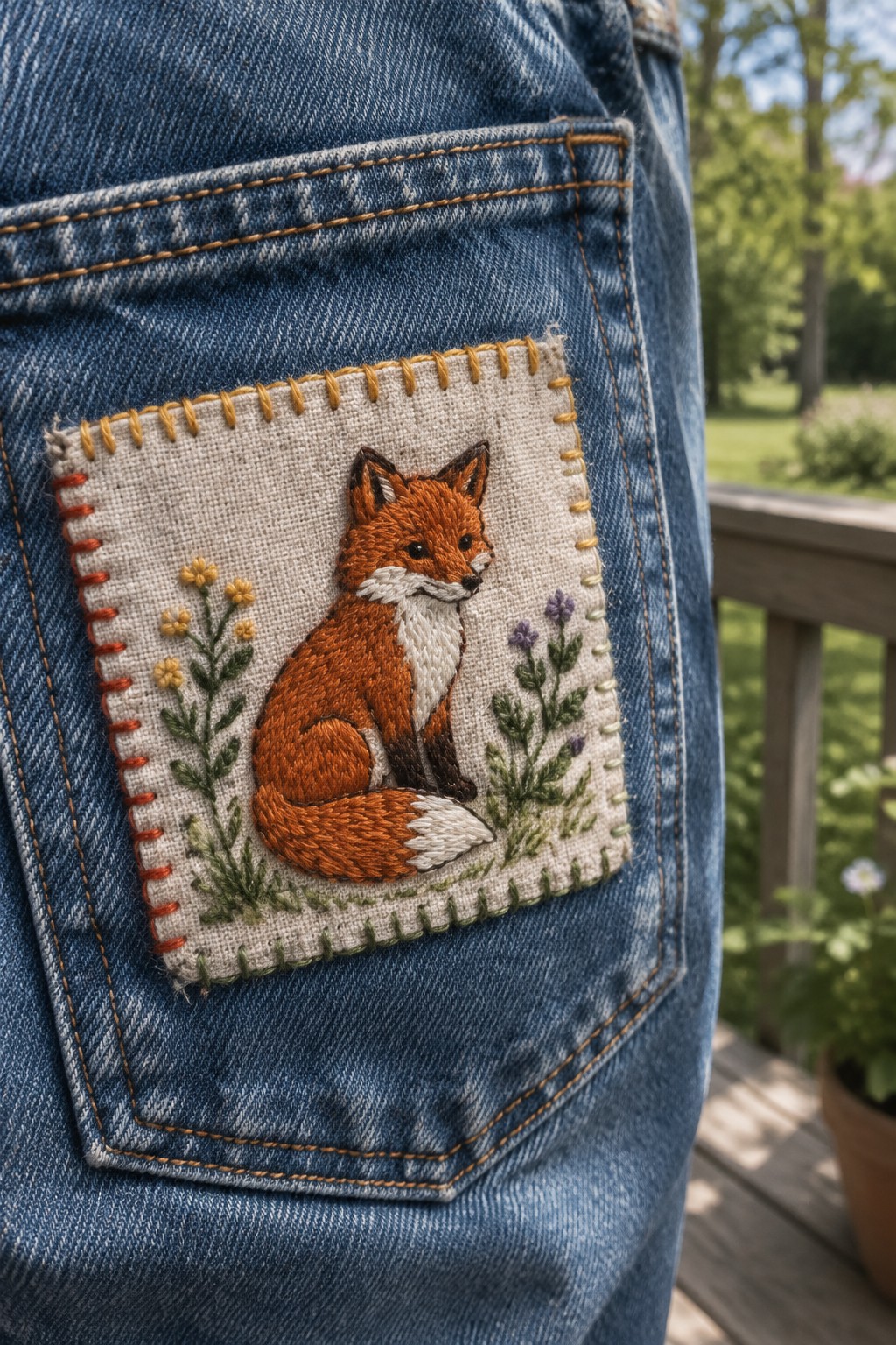 A rectangular embroidered patch with a fox and flowers is hand-sewn onto the back pocket of blue jeans.