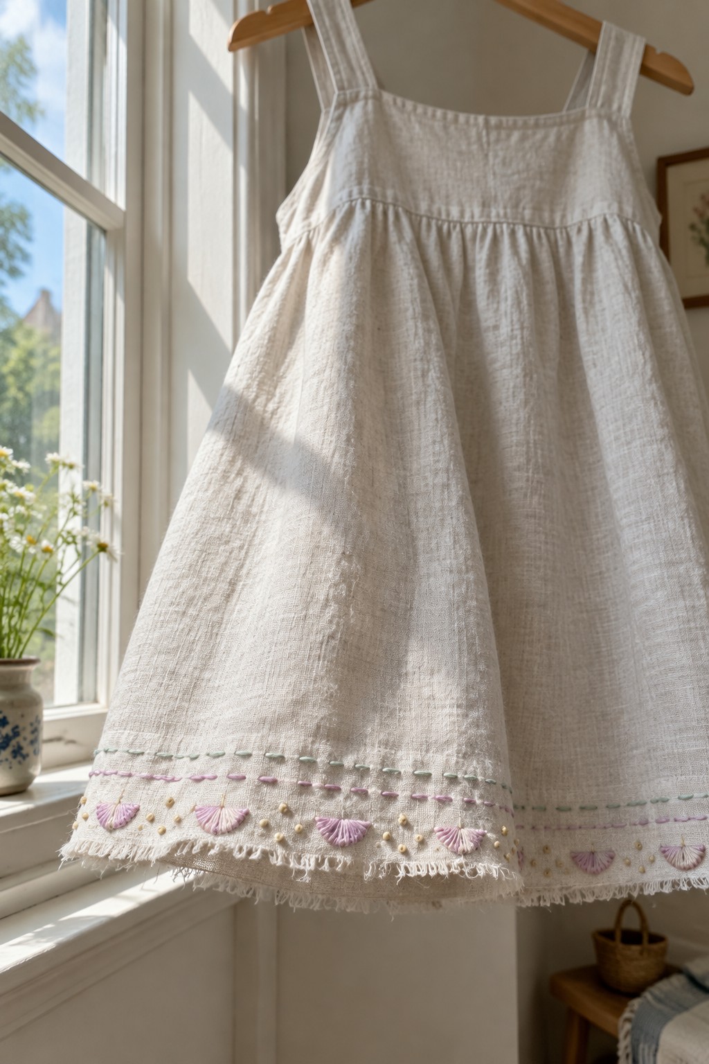 An off-white linen dress with pink shell embroidery and green and pink stitched lines along its frayed hem hangs by a sunny window.