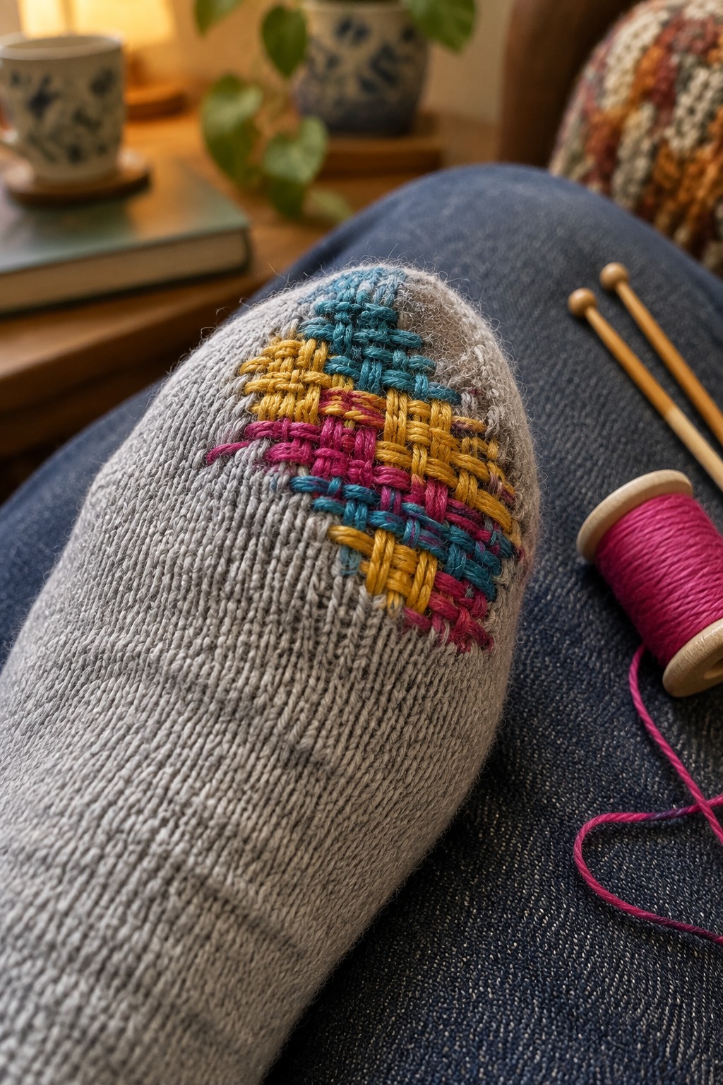 A gray sock toe with colorful embroidery rests on denim beside a spool of magenta thread and two wooden needles.