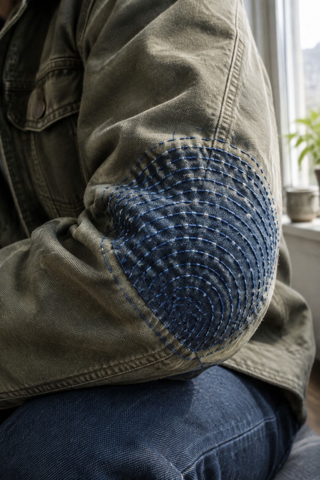 Blue concentric hand stitching covers the elbow of an olive jacket sleeve.