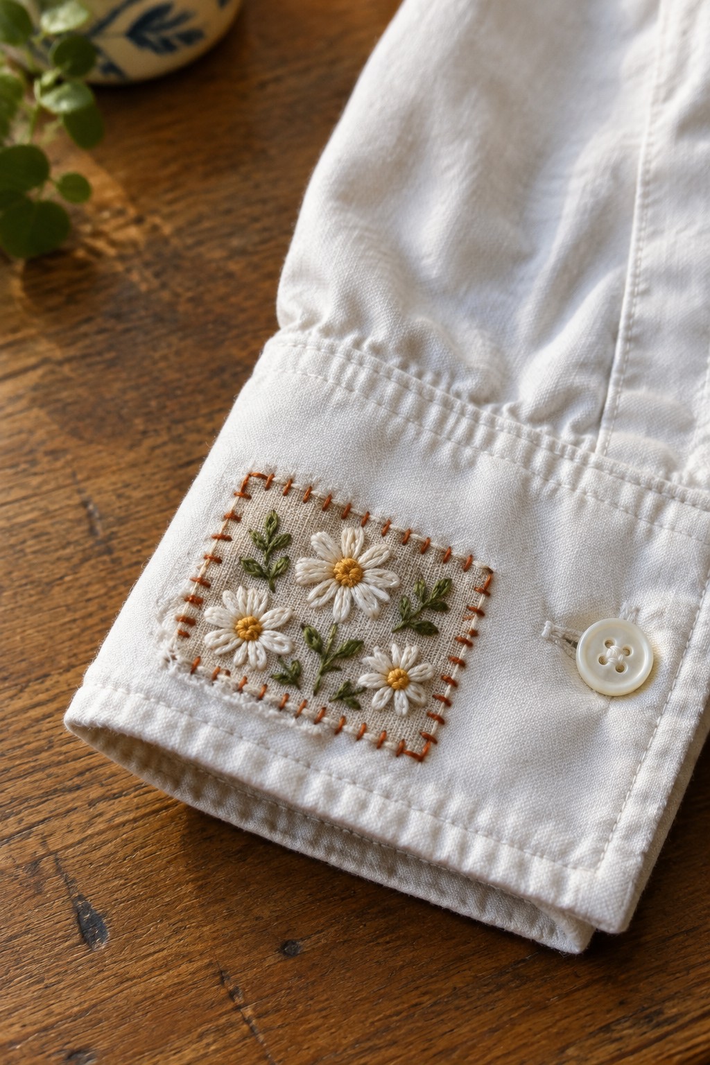 White shirt cuff with a hand-embroidered daisy patch and a white button.