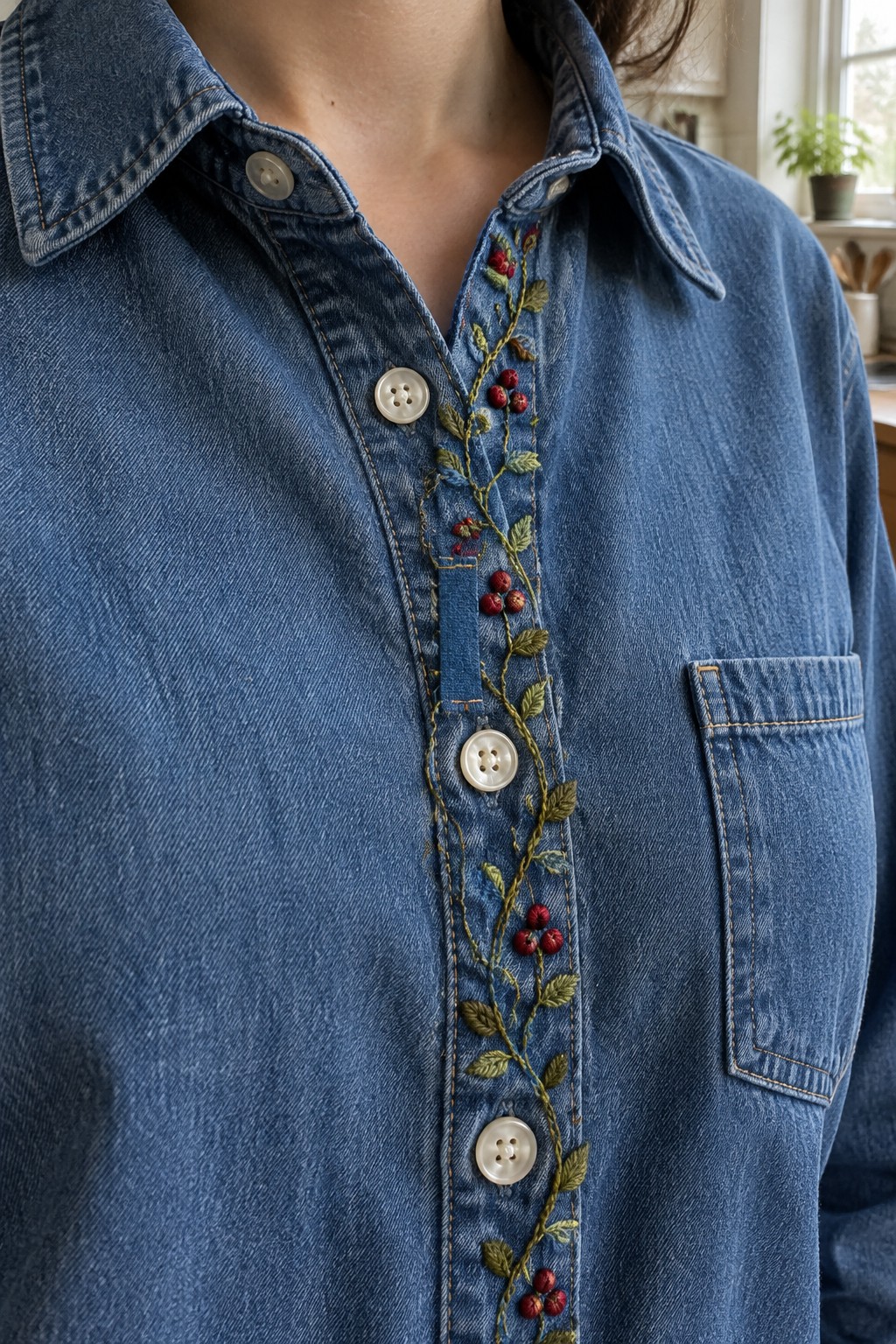 A blue denim shirt with embroidered green vines and red berries running down the button placket.