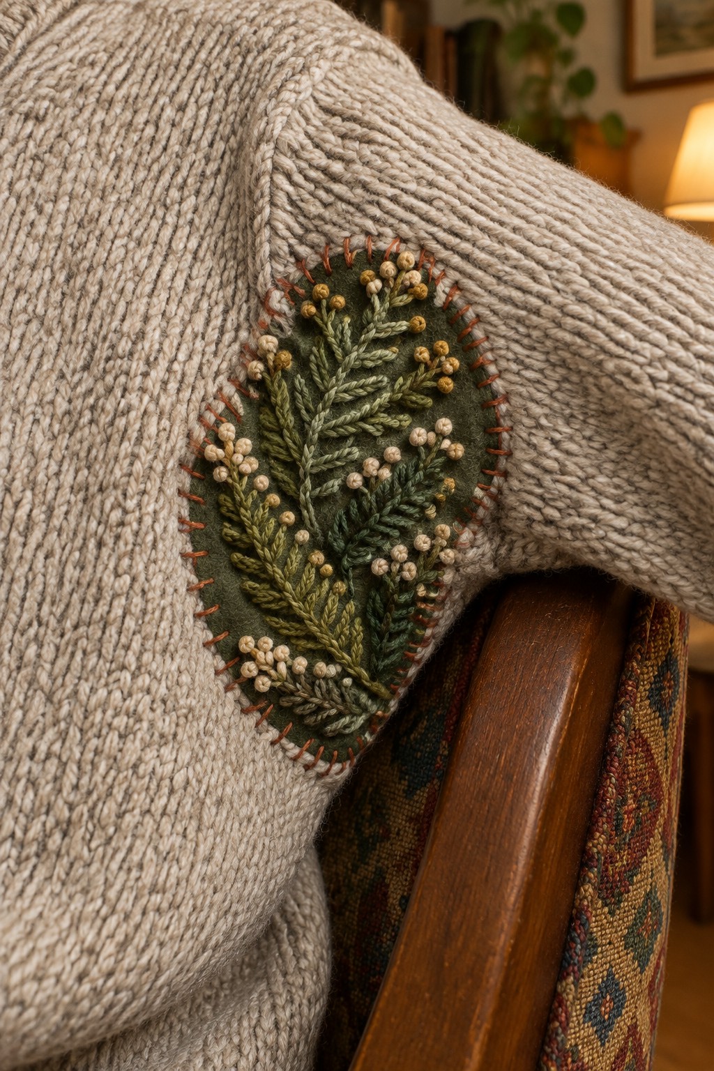An embroidered green evergreen patch with pale berries and rust-colored edging covers a spot on a cream knit sweater sleeve draped over a wooden chair.