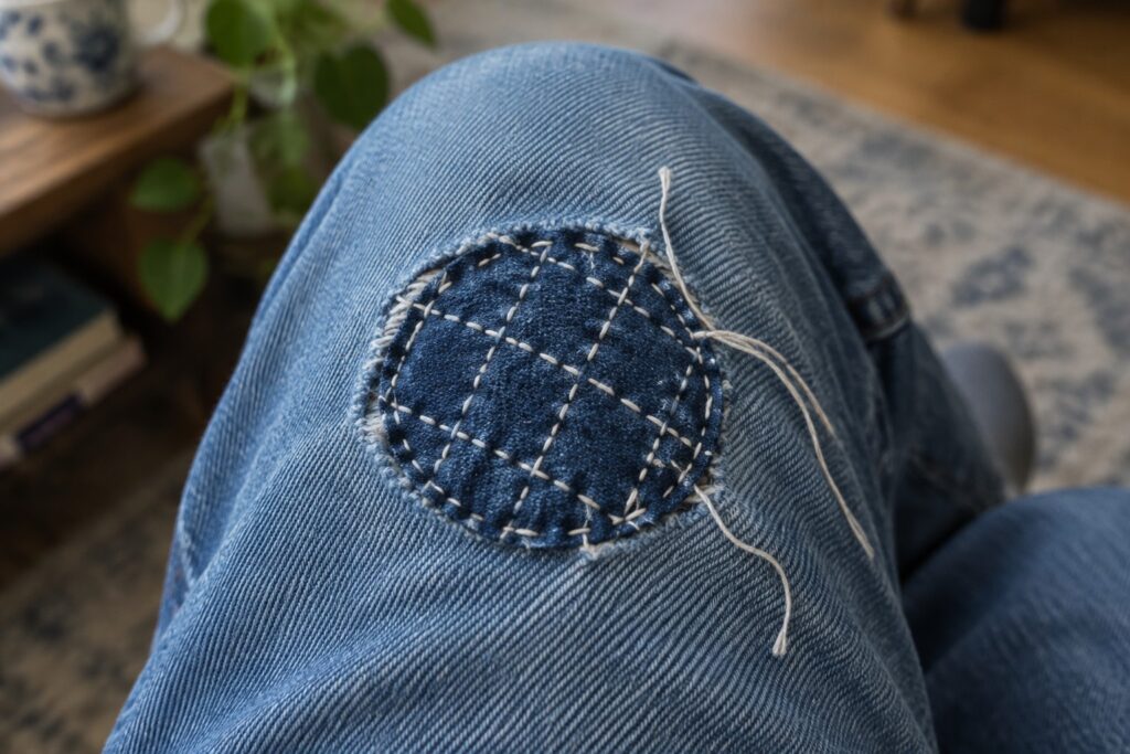 16 Hand-Sewn Visible Repairs for Clothing Without a Sewing Machine A dark denim patch with white decorative stitching covers a worn area on the knee of blue jeans.