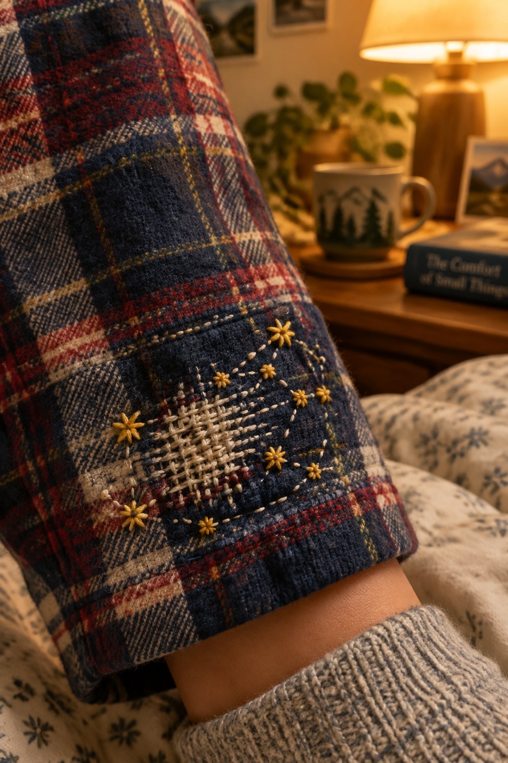 Golden flower embroidery decorates a plaid sleeve above its cuff.