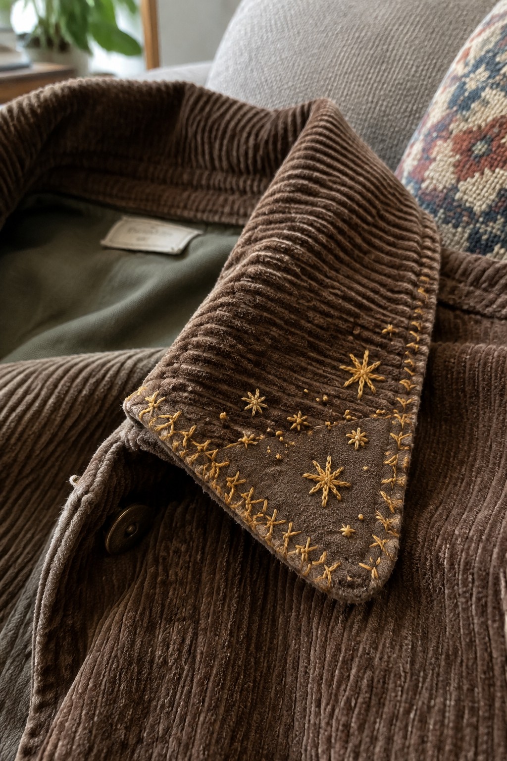Gold starburst embroidery decorates the cuff of a brown corduroy jacket.